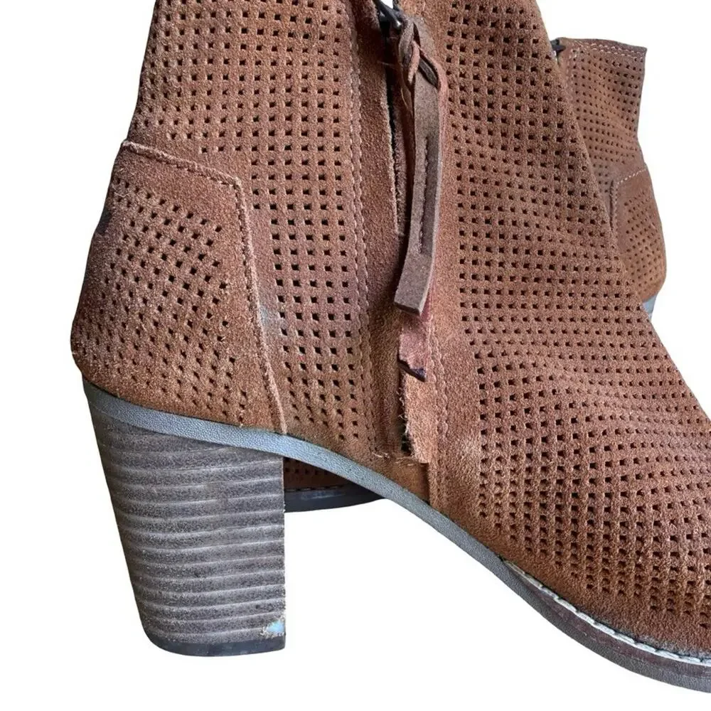 Toms Majorca Peep Toe Booties Perforated Chunky High Heel Boots Shoes Suede 7.5